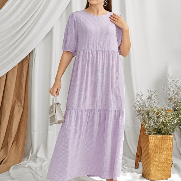 

Plus Ruffle Hem Gingham Dress, Pastel lilac purple