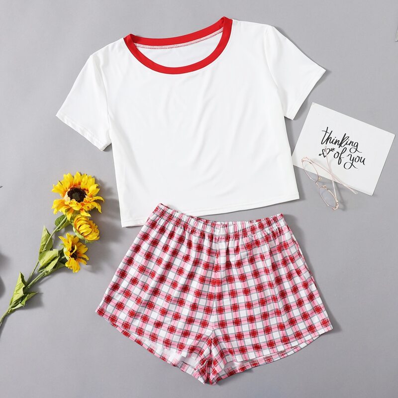 

Plaid Shorts PJ Set, Red and white