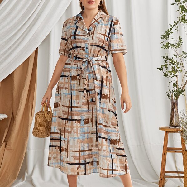 

Plus Notched Collar Belted Geo Shirt Dress, Multicolor