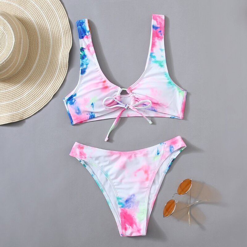 

Tie Dye Tie Front Bikini Swimsuit, Multicolor