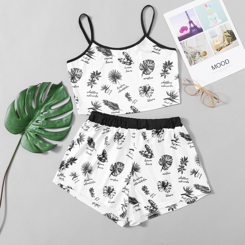 

Plants Print Shorts PJ Set, White
