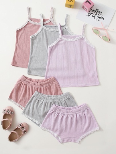 مجموعة بيجامة للفتيات الصغيرات 6 قطع مع إدراج الدانتيل