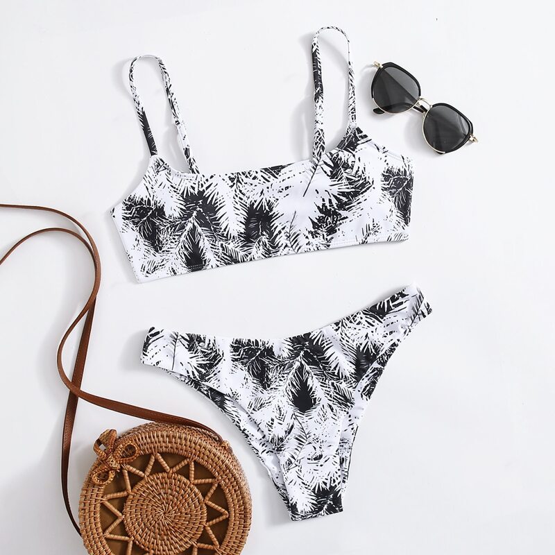 Leaf Print Cami Bikini Swimsuit, Black and white