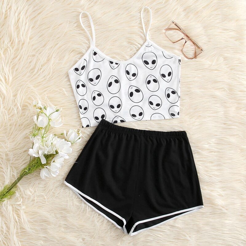 

Alien Print Shorts PJ Set, Black and white