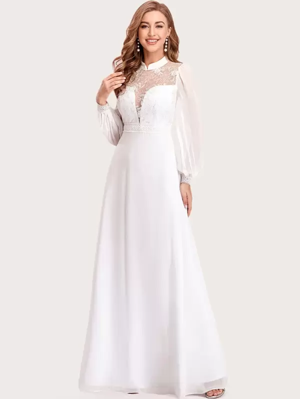 EVER-PRETTY Embroidered Mesh Bodice Lantern Sleeve Chiffon Prom Dress