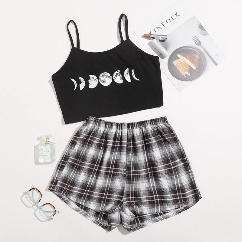 

Moon Print Plaid Shorts PJ Set, Black