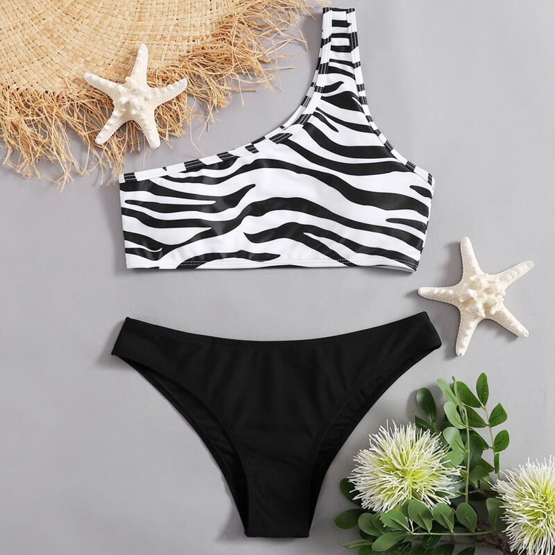 

Zebra Stripe One Shoulder Bikini Swimsuit, Black and white