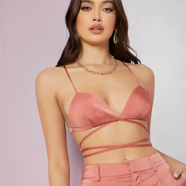

Crisscross Tie Back Crop Bralette Top, Coral pink