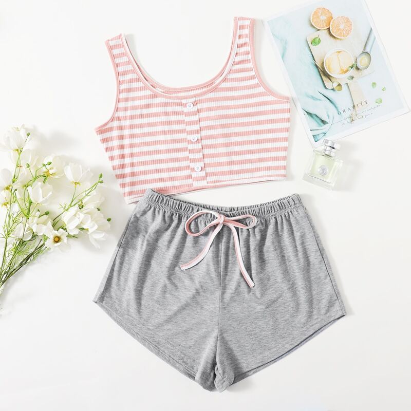 

Striped Button Front PJ Set, Multicolor