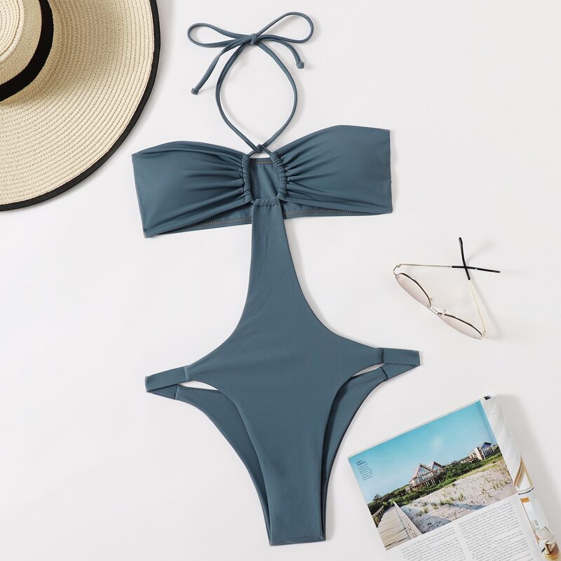 

Cut-out Halter One Piece Swimsuit, Dusty blue