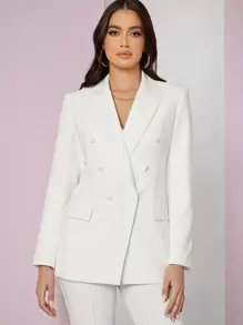 SHEIN BAE Peak Collar Double Breasted Blazer - White - View 3