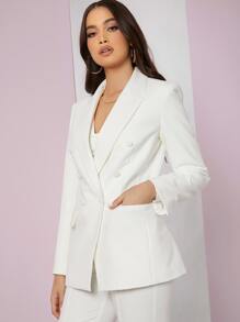 SHEIN BAE Peak Collar Double Breasted Blazer - White - View 4