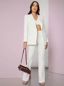 SHEIN BAE Peak Collar Double Breasted Blazer - White - View 5