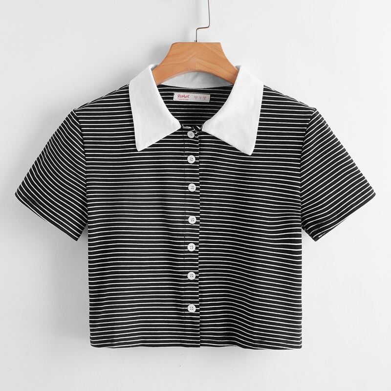 

Striped Button Front Contrast Collar Tee, Black and white
