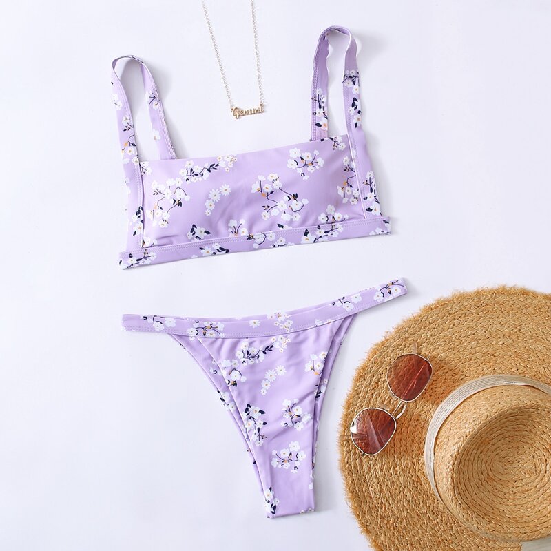 

Ditsy Floral Tanga Bikini Swimsuit, Lilac purple
