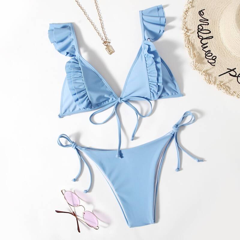 

Frill Trim Tie Side Bikini Swimsuit, Baby blue