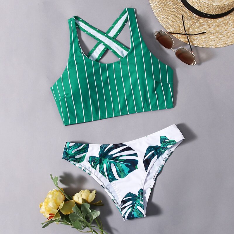 

Stripe & Leaf Print Crisscross Bikini Swimsuit, Green