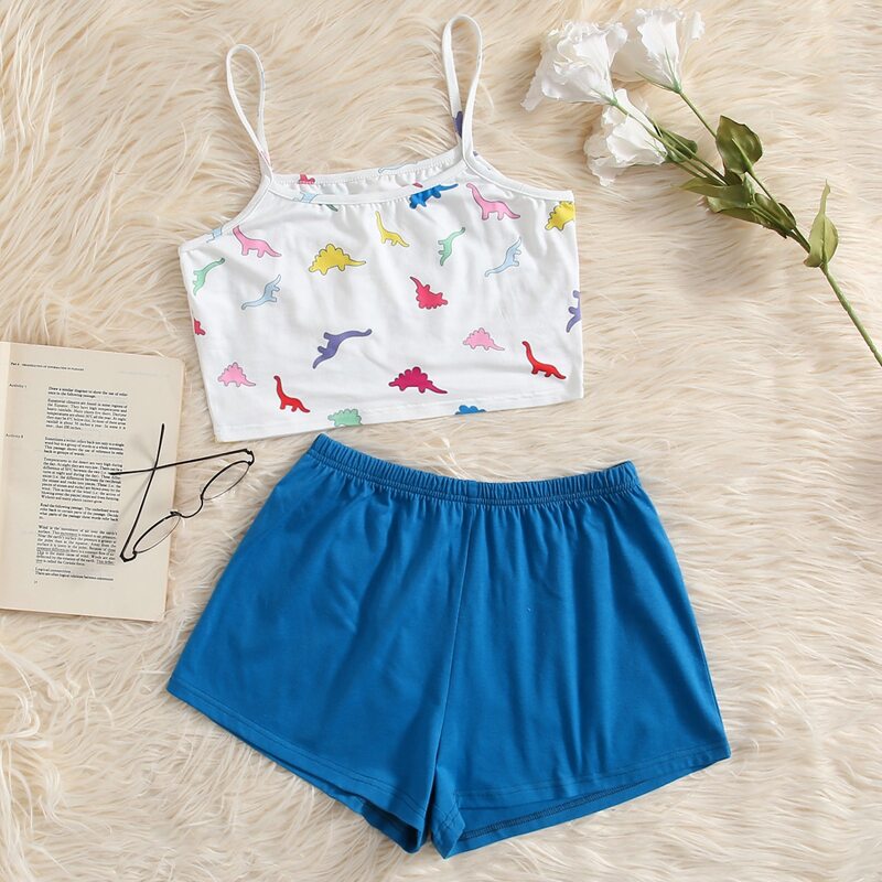 

Cartoon Dinosaur Print Shorts PJ Set, Multicolor