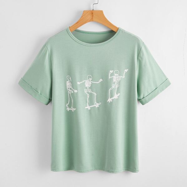 

Skull Print Rolled Sleeve Tee, Mint green