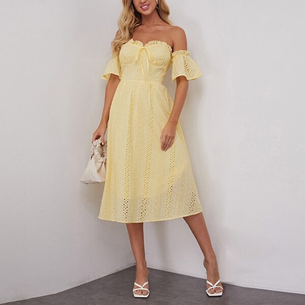 

Off Shoulder Ruffle Sleeve Schiffy Bustier Dress, Yellow pastel
