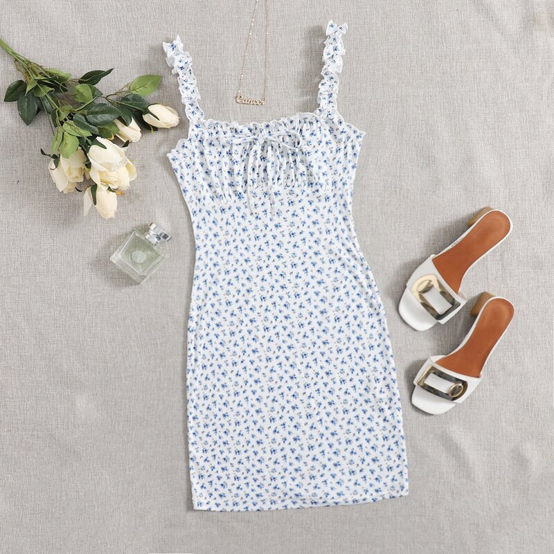 

Frilled Strap Tie Front Ruched Bust Ditsy Floral Dress, Blue and white