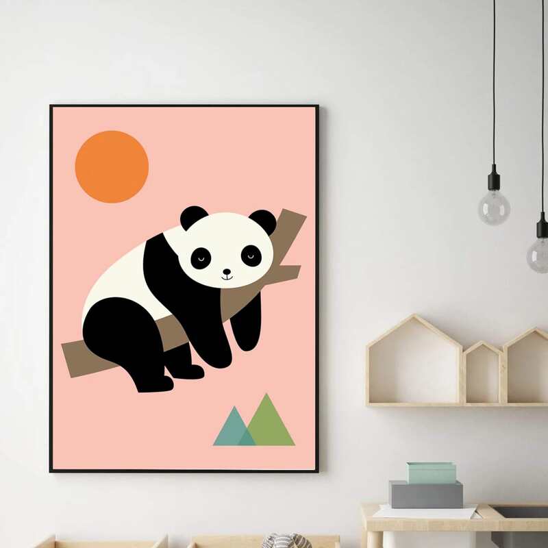 

Kids Cartoon Panda Print Wall Painting Without Frame, Pink