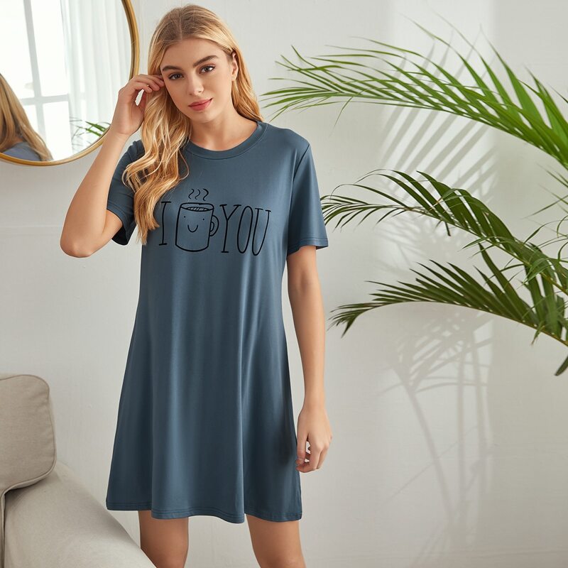 

Letter & Cartoon Graphic Night Dress, Dusty blue