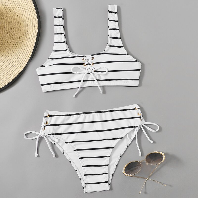 

Stripe Lace-up Bikini Swimsuit, Black and white