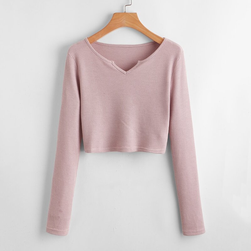 

Solid Notched Neck Crop Tee, Dusty pink