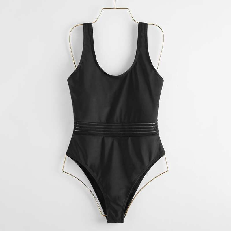 

Contrast Mesh Tank One Piece Swimsuit, Black