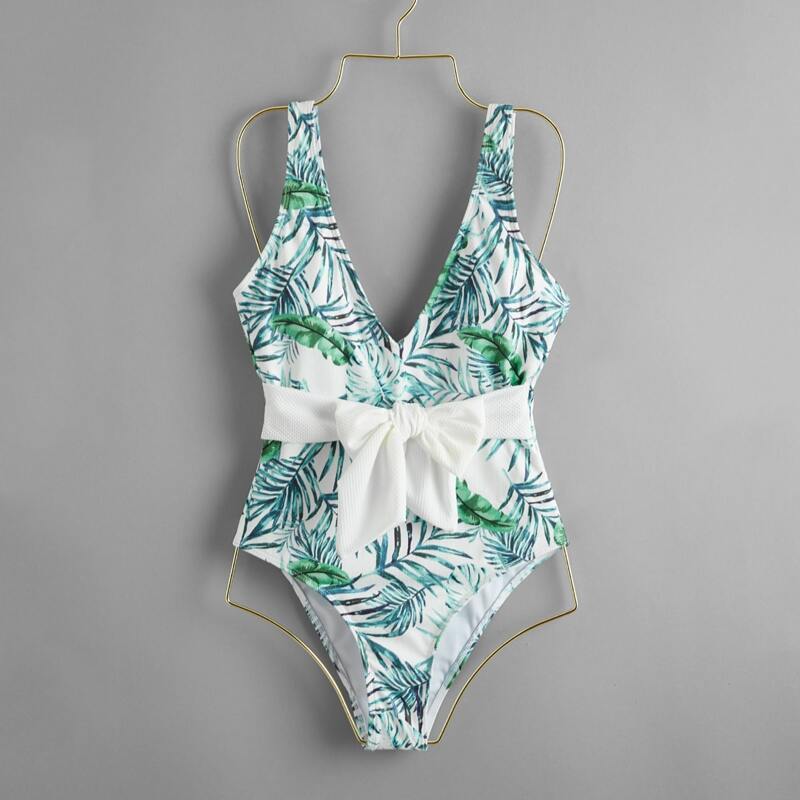 

Tropical Leaf Bow Decor One Piece Swimsuit, Multicolor