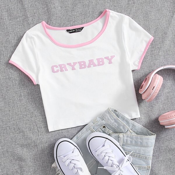 

Letter Graphic Crop Ringer Tee, White