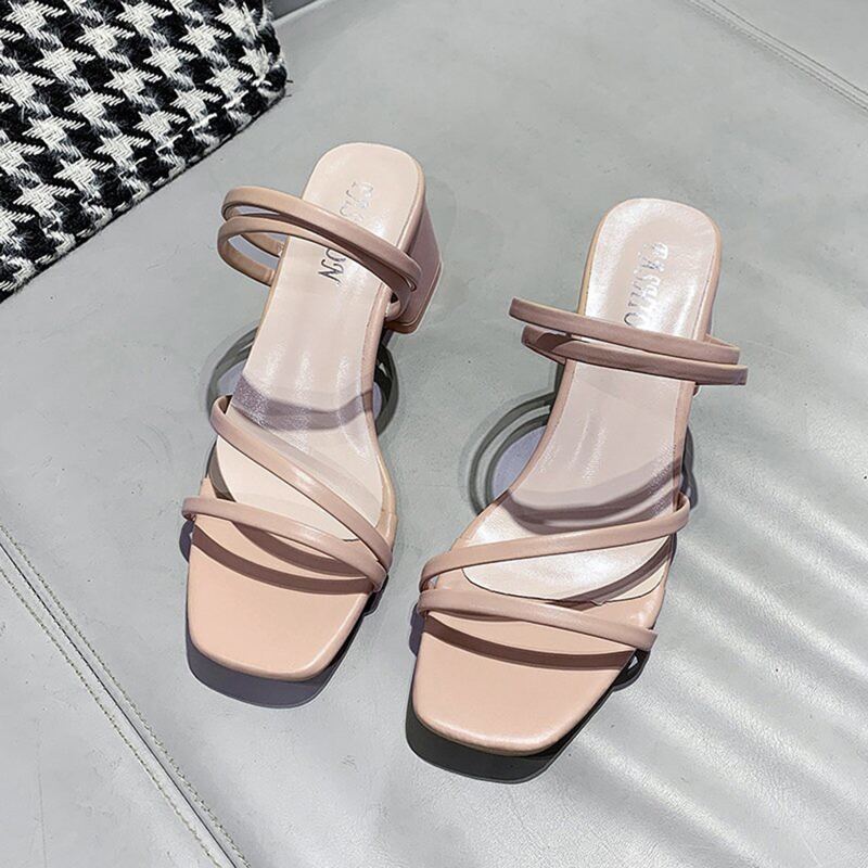 

Solid Chunky Heeled Slide Sandals, Apricot