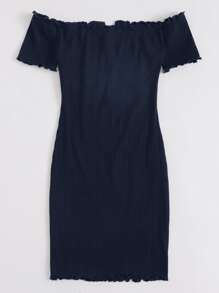 SHEIN Privé Vestido de borde en forma de lechuga de hombros descubiertos de cuello V - Azul Marino - Ver 2