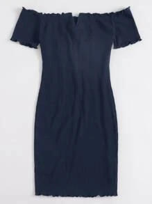 SHEIN Privé Vestido de borde en forma de lechuga de hombros descubiertos de cuello V - Azul Marino - Ver 5