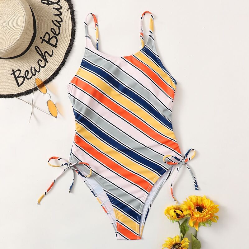 

Stripe Drawstring One Piece Swimsuit, Multicolor