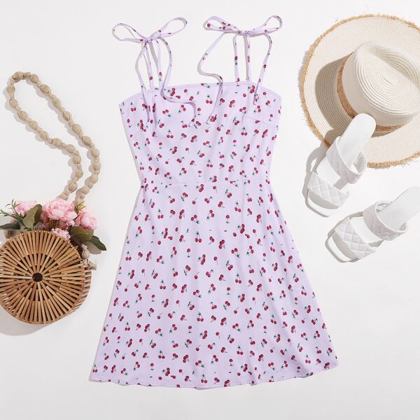 

Knot Strap Shirred Back Cherry Print Slip Dress, Lilac purple
