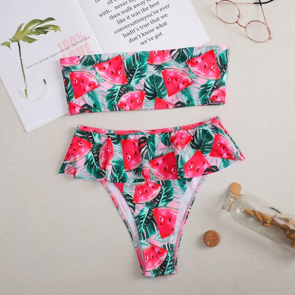 

Watermelon Print Ruffle Bandeau Bikini Swimsuit, Multicolor