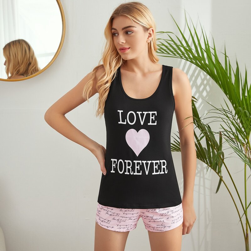 

Letter & Heart Graphic Tank Top & Shorts PJ Set, Black