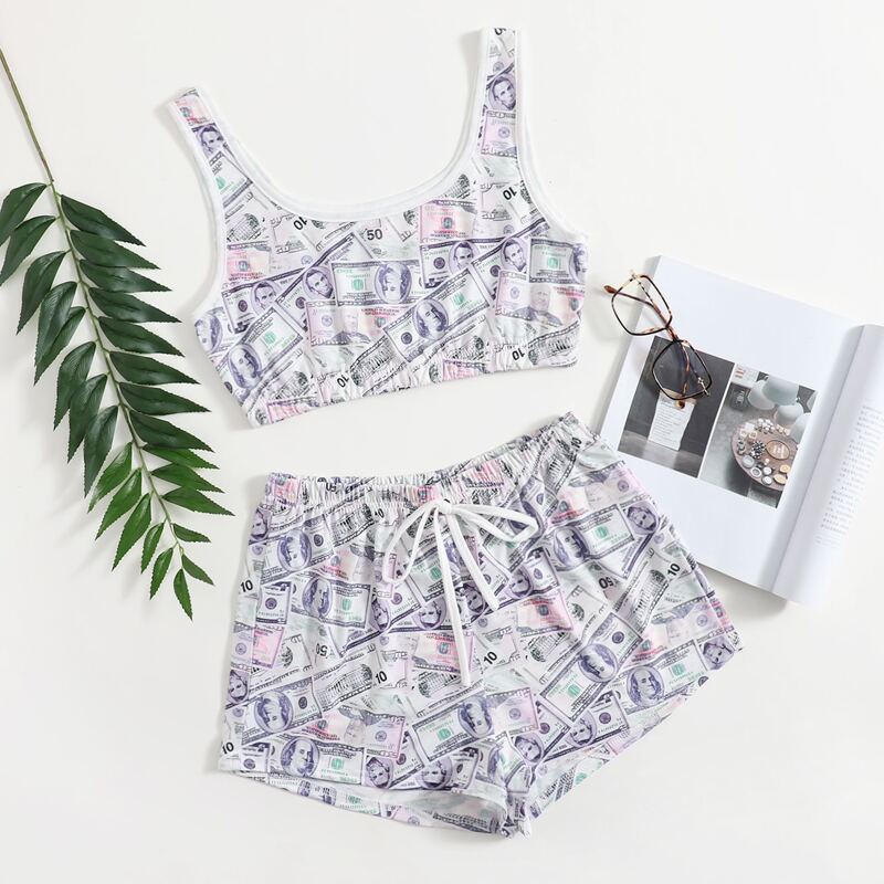 

US Dollars Print Shorts PJ Set, Multicolor