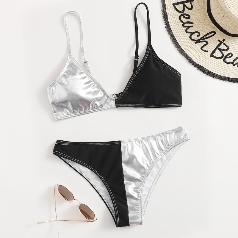 

Metallic Spliced Cami Bikini Swimsuit, Multicolor