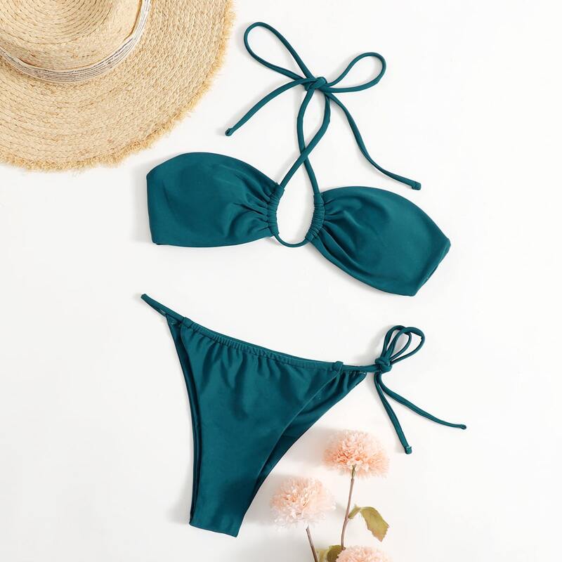 

Solid Halter Tie Side Bikini Swimsuit, Teal blue