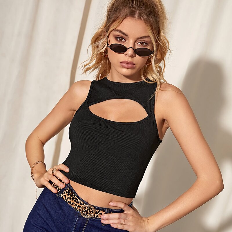 

Solid Cut-out Rib-knit Tank Crop Top, Black