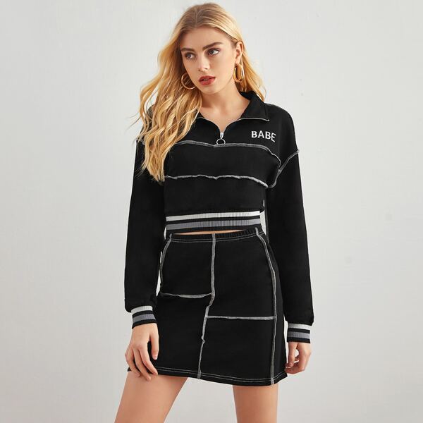 

Zipper Half Placket Contrast Stitch Letter Embroidered Pullover & Skirt Set, Black