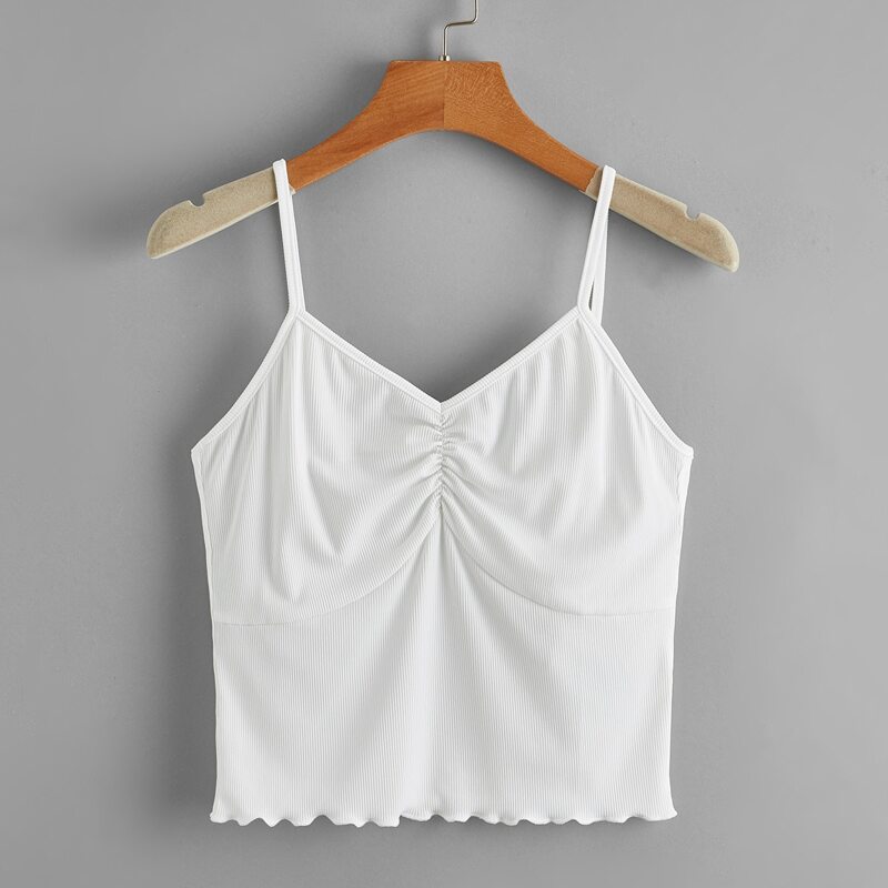 

Solid Ruched Lettuce Trim Cami, White
