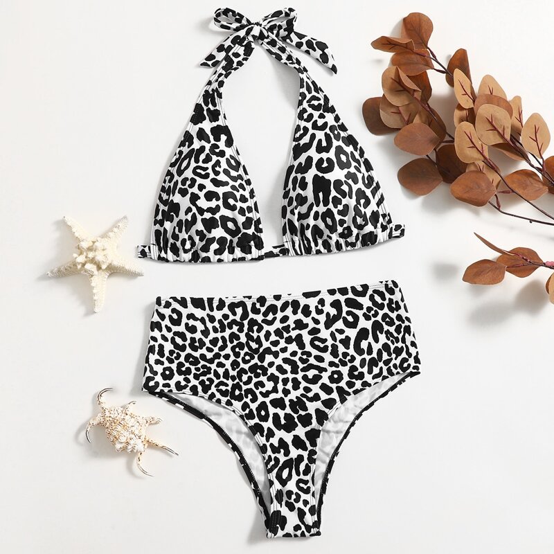 

Leopard High Waist Bikini Swimsuit, Black and white