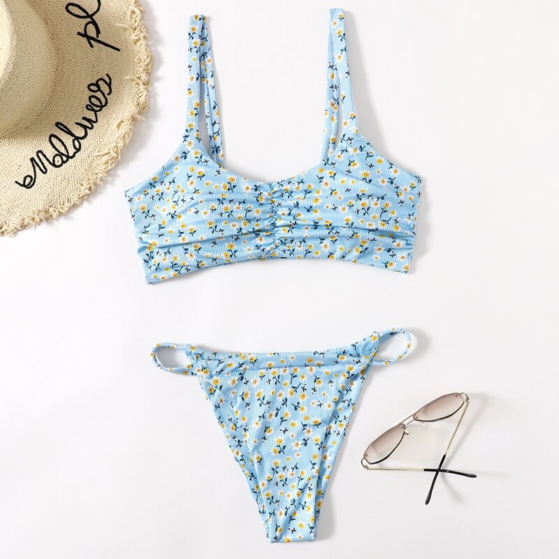 

Ditsy Floral Ruched Bikini Swimsuit, Baby blue