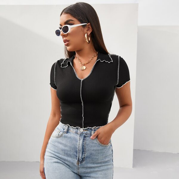 

V-neck Collared Seam Front Tee, Black