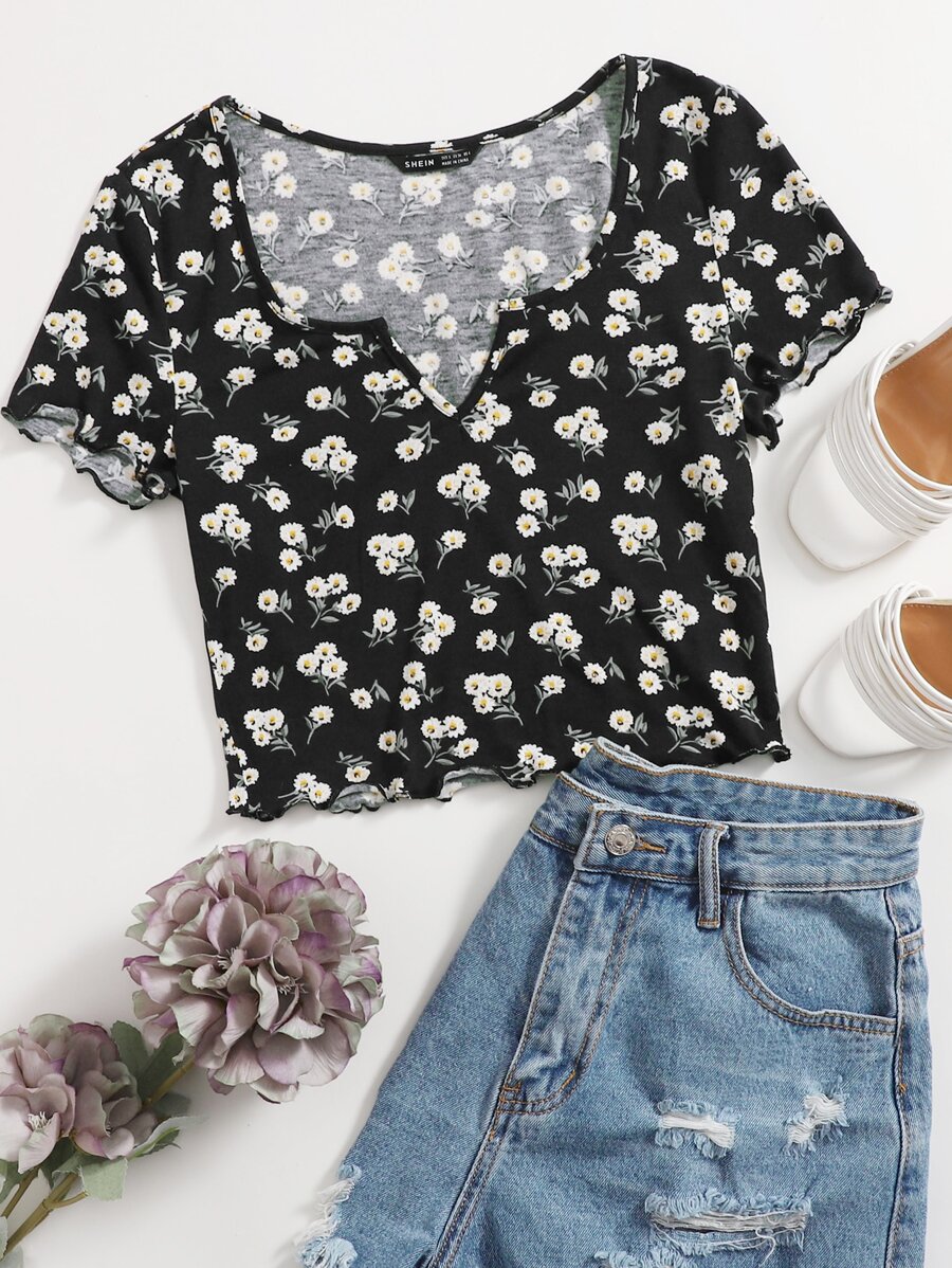 Soleia Notch Neck Lettuce Trim Daisy Floral Top - Multicolor - View 1