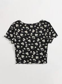 Soleia Notch Neck Lettuce Trim Daisy Floral Top - Multicolor - View 2